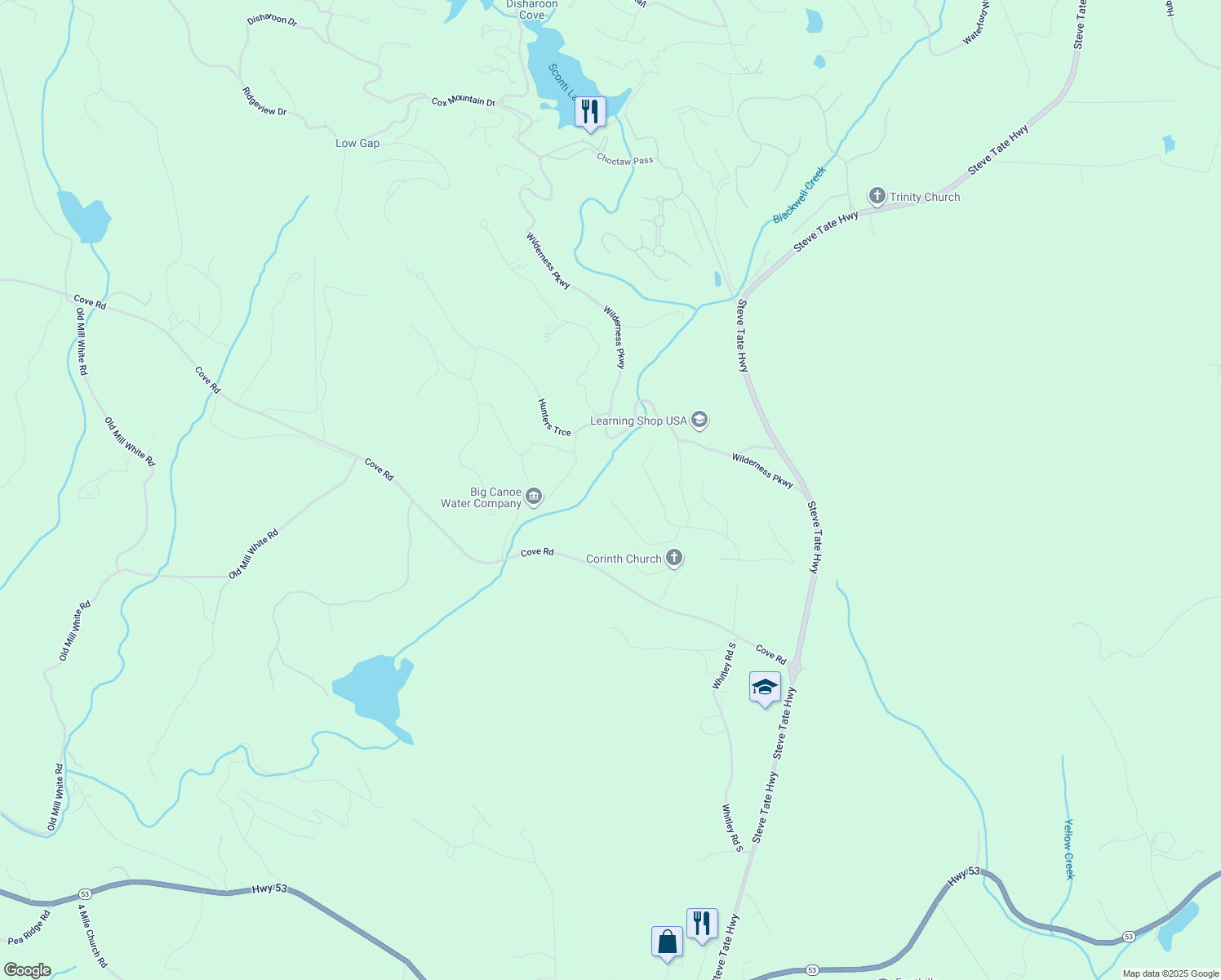 map of restaurants, bars, coffee shops, grocery stores, and more near Blackwell Creek Way in Pickens County