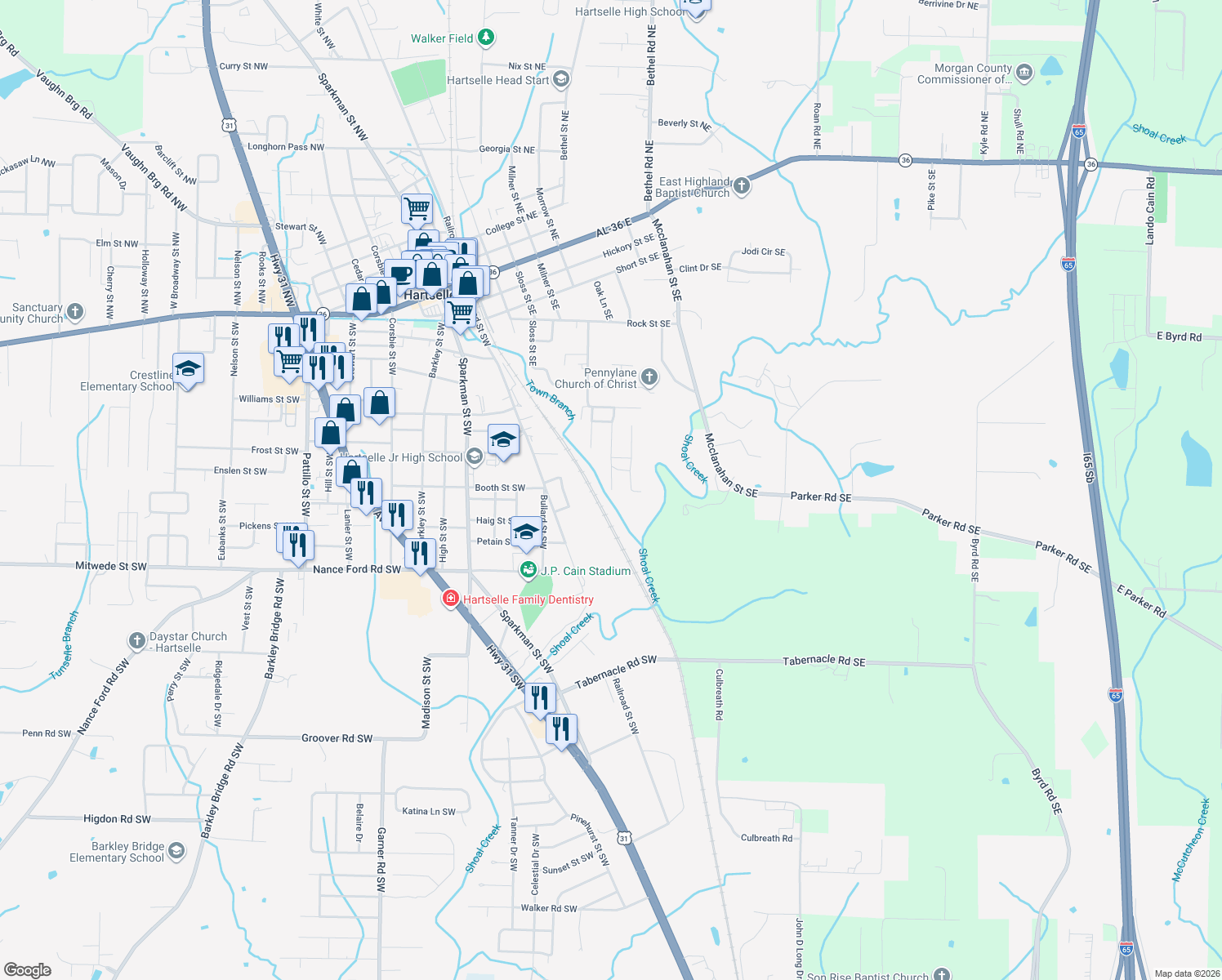 map of restaurants, bars, coffee shops, grocery stores, and more near 1815 Mcdaniel St SE in Hartselle