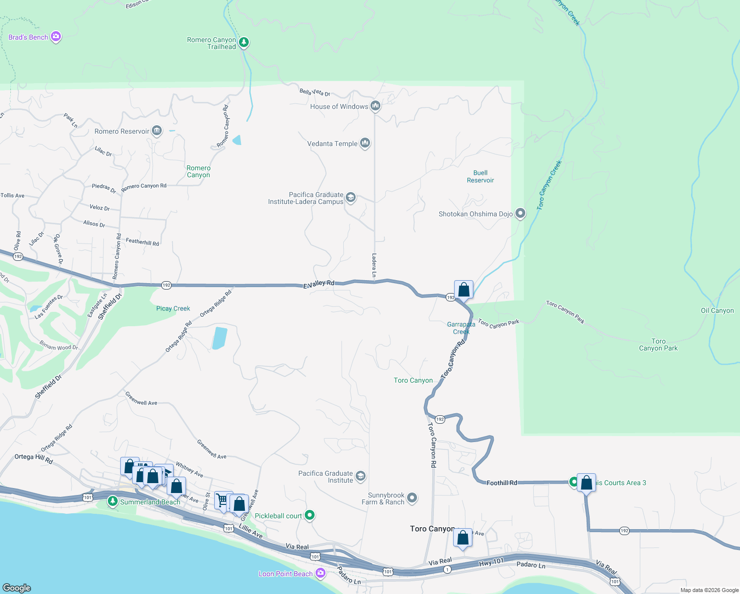 map of restaurants, bars, coffee shops, grocery stores, and more near 2797 E Valley Rd in Santa Barbara