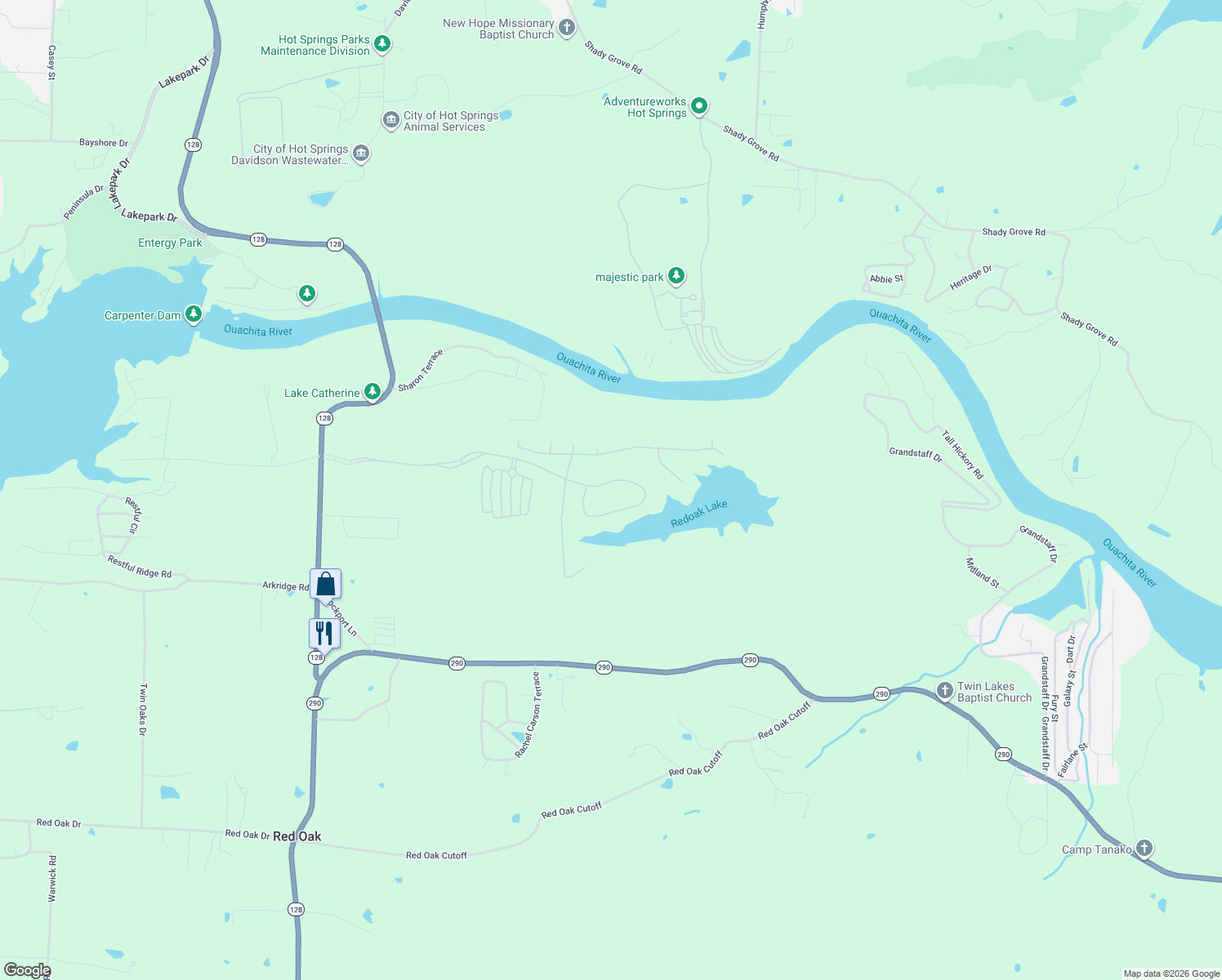 map of restaurants, bars, coffee shops, grocery stores, and more near 148 Oak Shores Circle in Hot Springs