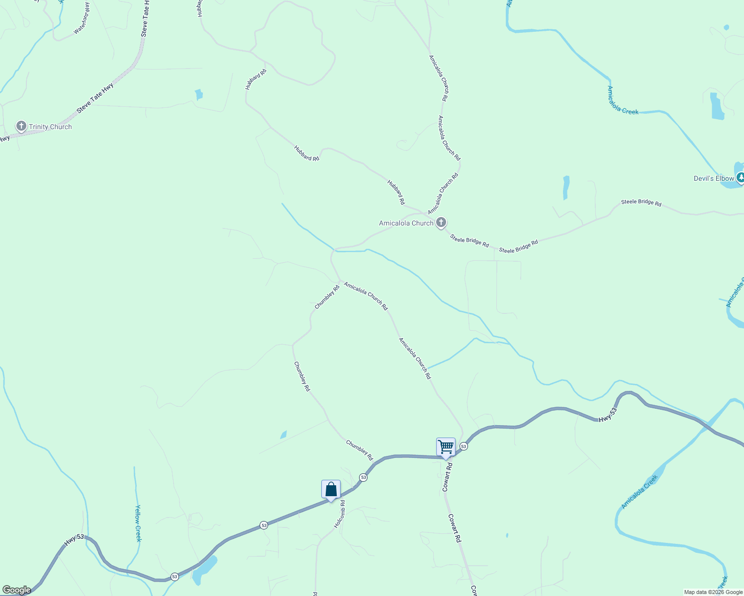 map of restaurants, bars, coffee shops, grocery stores, and more near 1001 Amicalola Church Road in Dawsonville