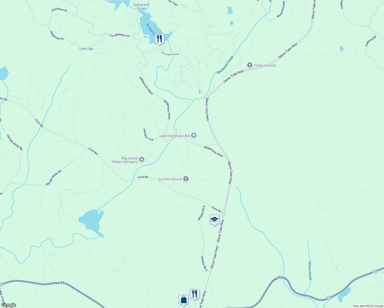 map of restaurants, bars, coffee shops, grocery stores, and more near 201 Wilderness Knoll in Big Canoe