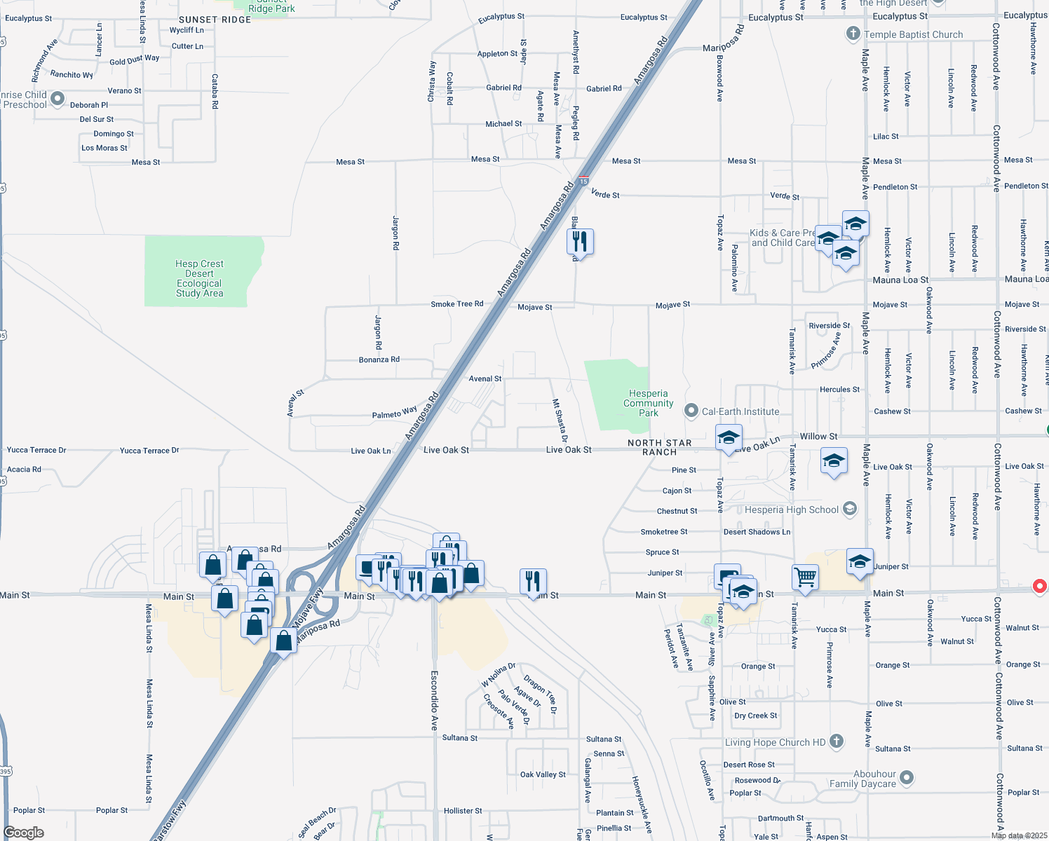map of restaurants, bars, coffee shops, grocery stores, and more near 13536 Mount Ranier Way in Hesperia