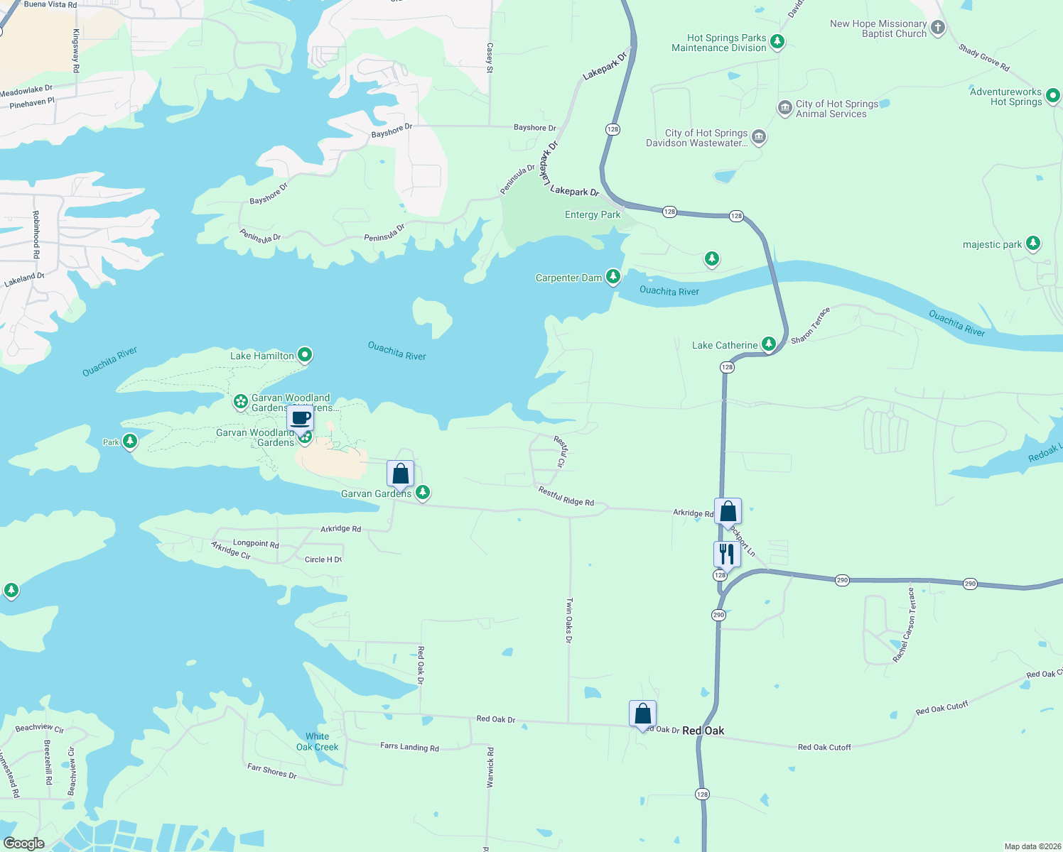 map of restaurants, bars, coffee shops, grocery stores, and more near 310 Restful Ridge Road in Hot Springs