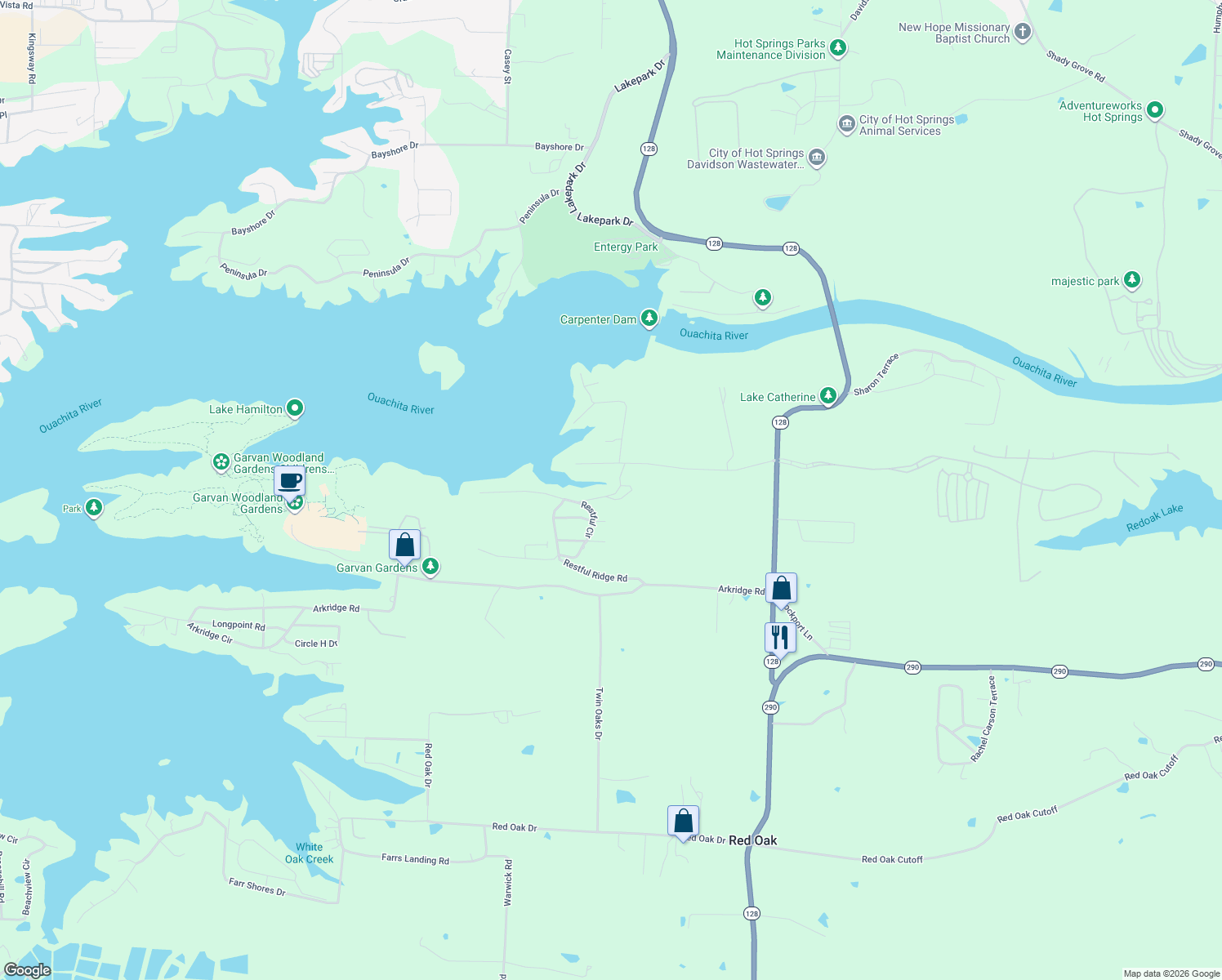 map of restaurants, bars, coffee shops, grocery stores, and more near 137 Melmar Terrace in Hot Springs