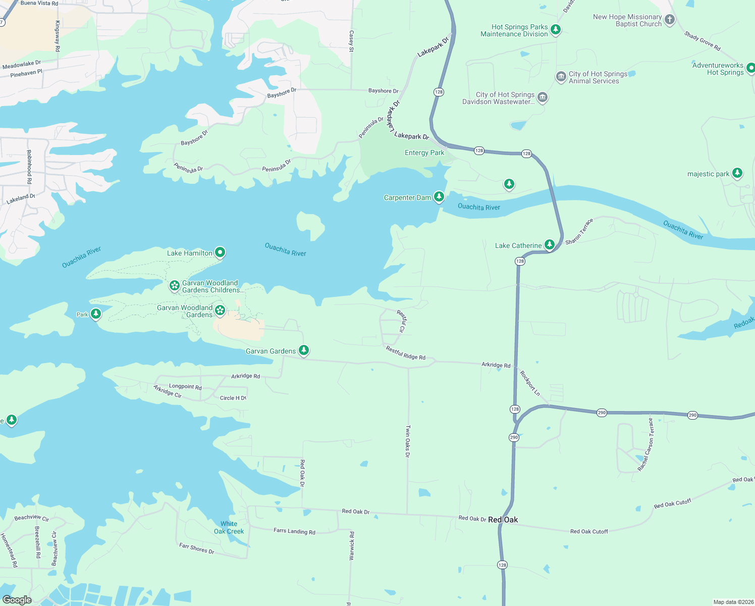 map of restaurants, bars, coffee shops, grocery stores, and more near 310 Restful Ridge Road in Garland County