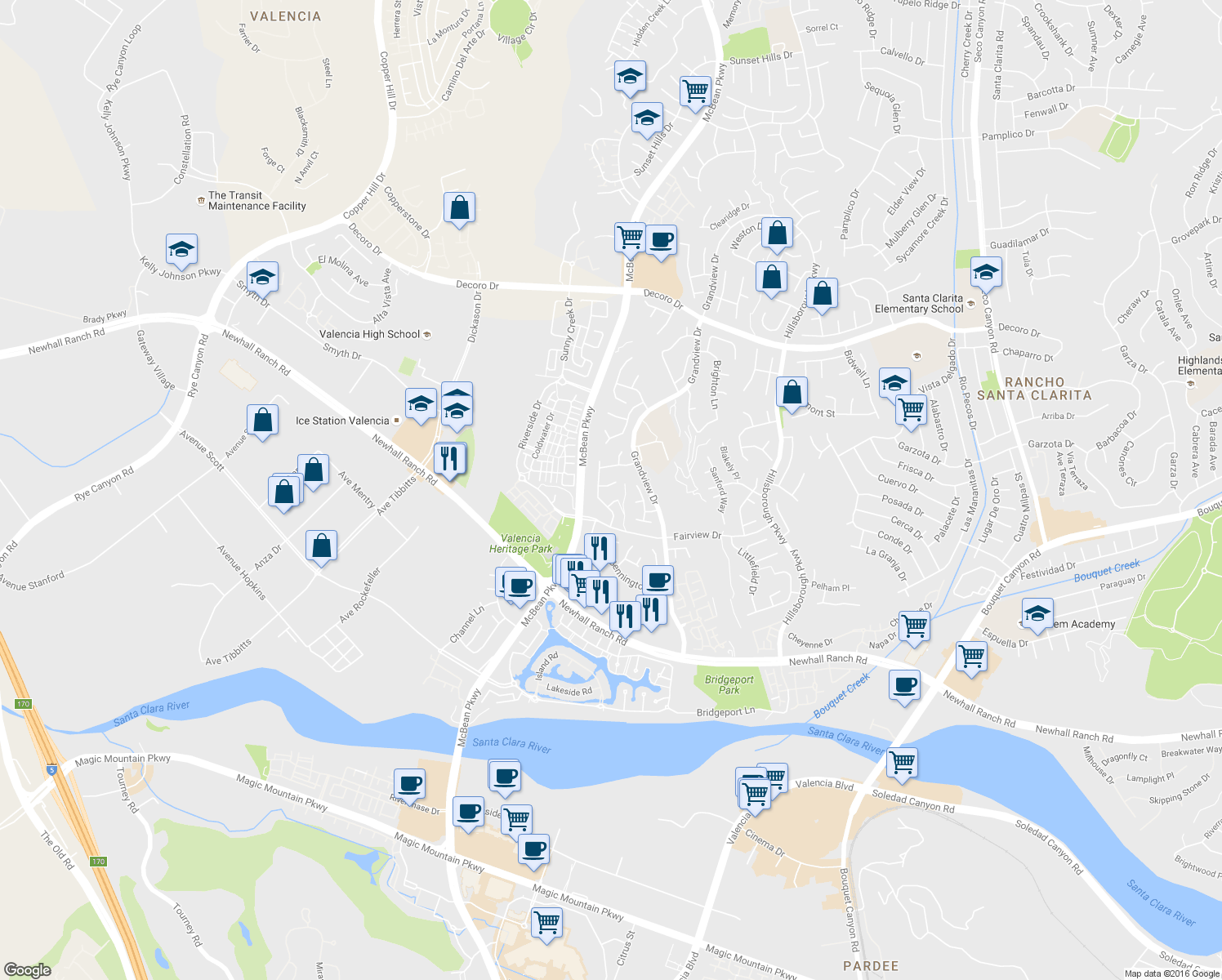 map of restaurants, bars, coffee shops, grocery stores, and more near 23916 Clayton Court in Santa Clarita