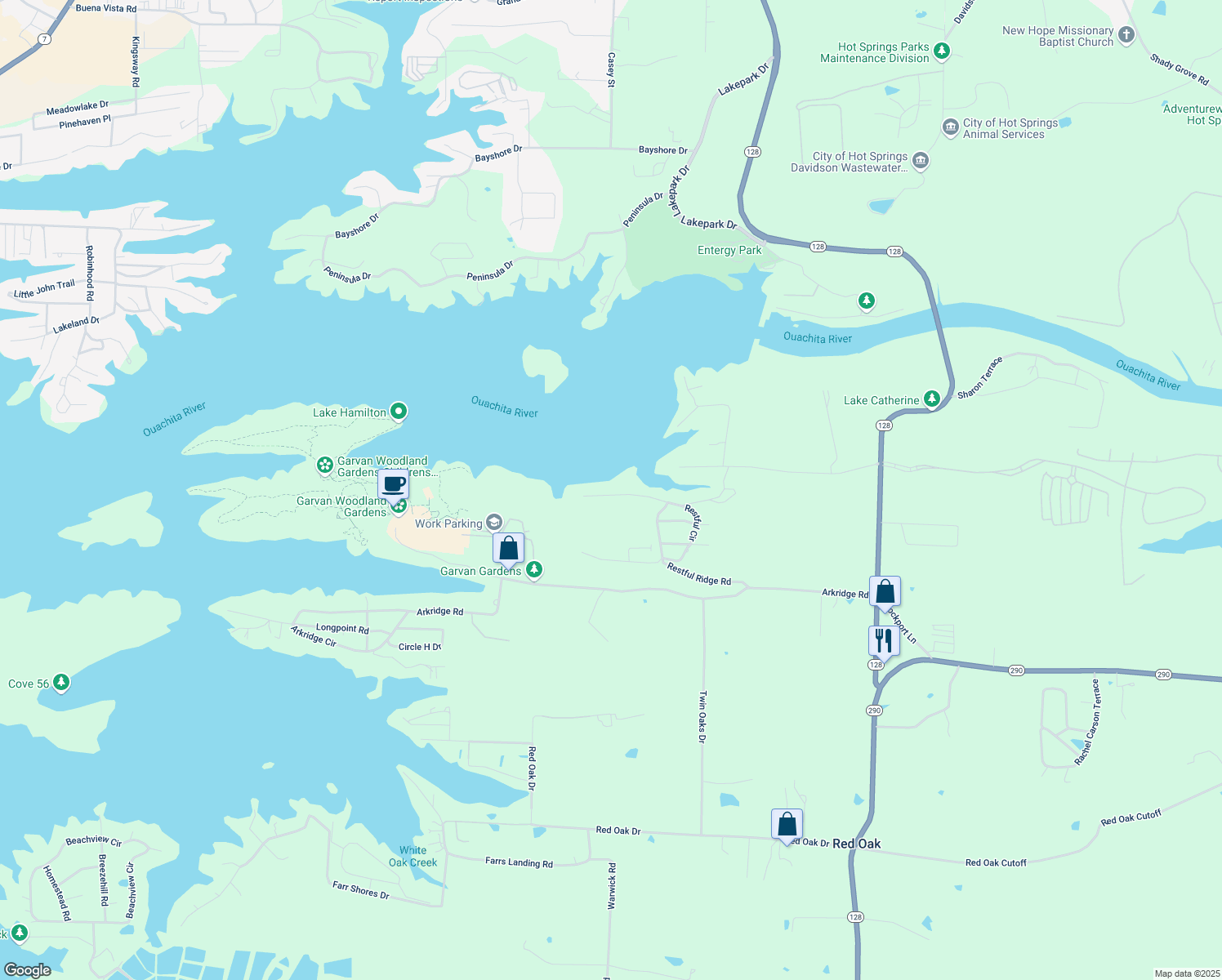 map of restaurants, bars, coffee shops, grocery stores, and more near 430 Restful Ridge Road in Hot Springs