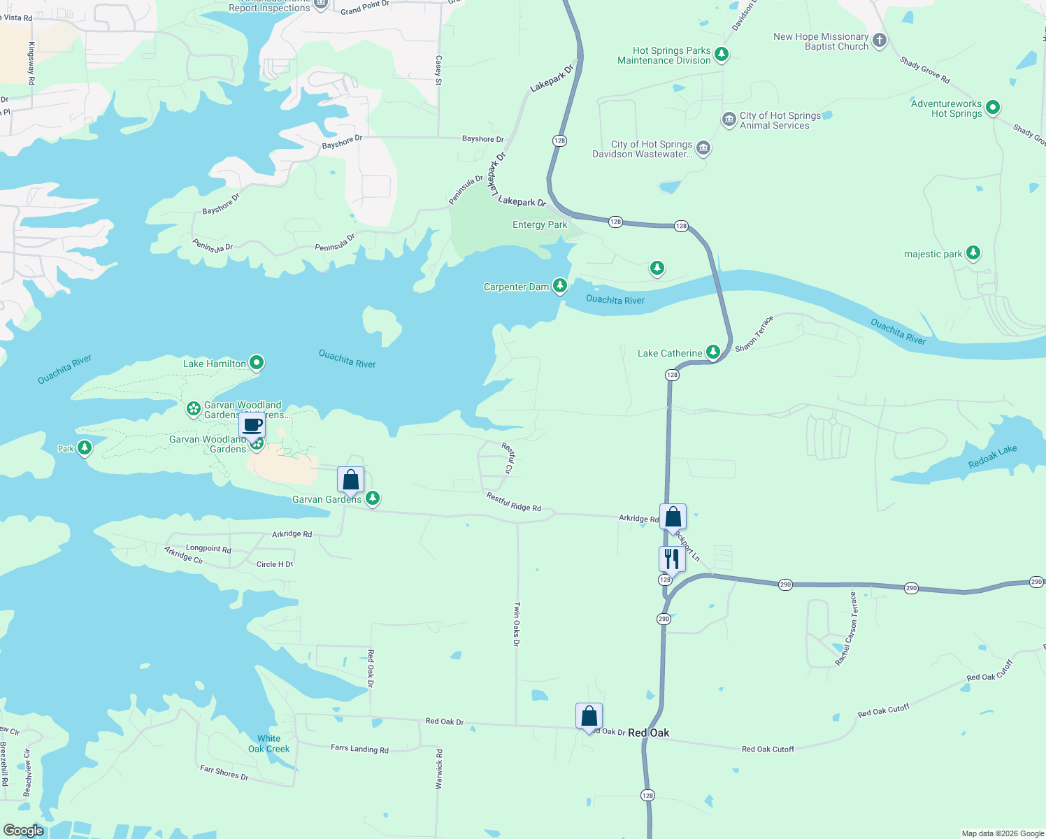 map of restaurants, bars, coffee shops, grocery stores, and more near 137 Melmar Terrace in Hot Springs