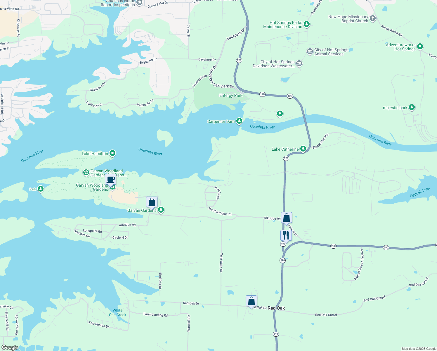 map of restaurants, bars, coffee shops, grocery stores, and more near 134 Cannon Ridge Point in Hot Springs