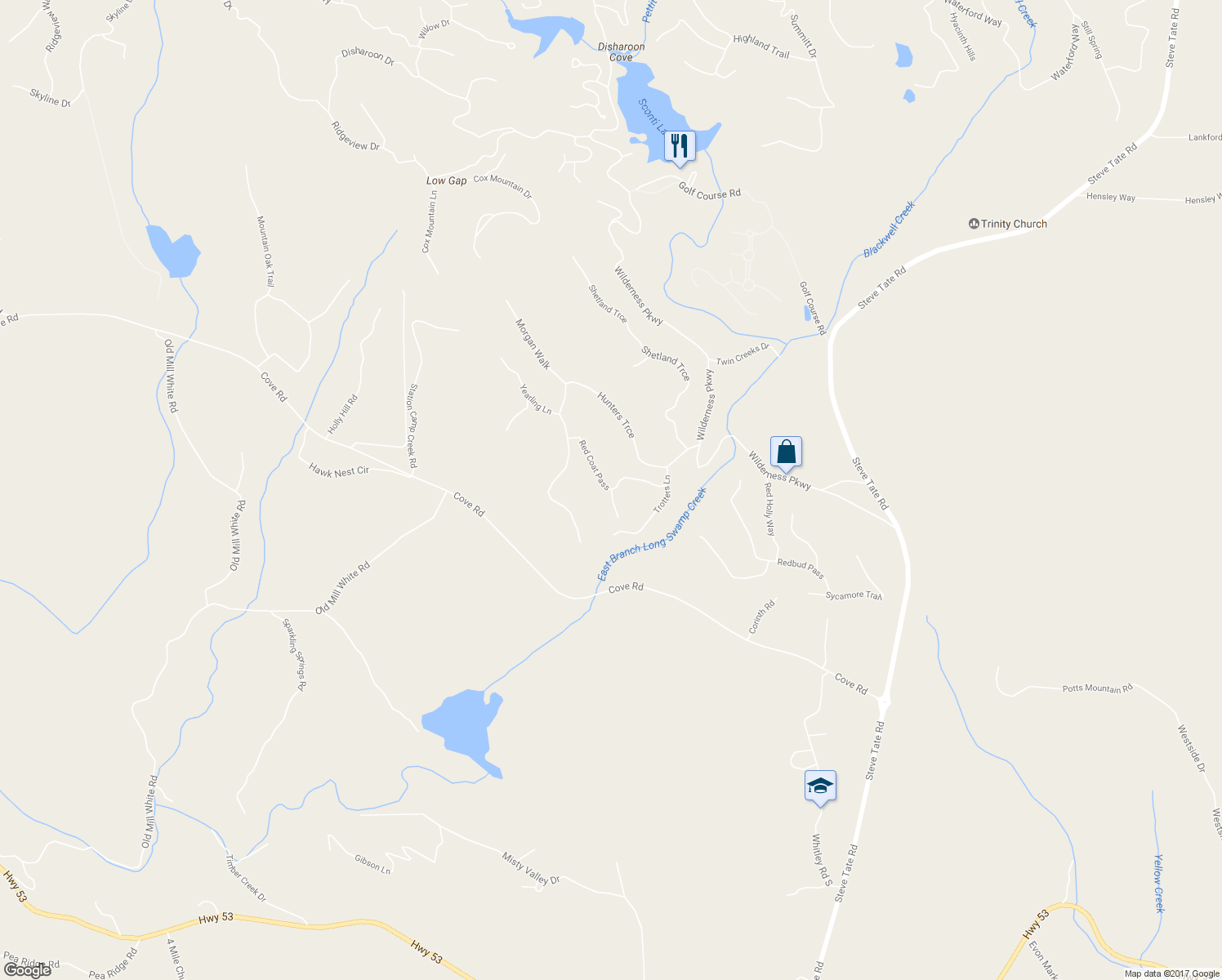 map of restaurants, bars, coffee shops, grocery stores, and more near 66 Pony Lane in Jasper