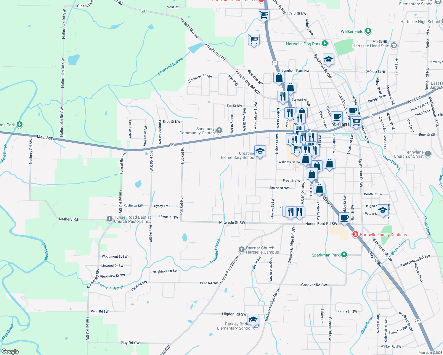 map of restaurants, bars, coffee shops, grocery stores, and more near 901 Bellemeade St SW in Hartselle