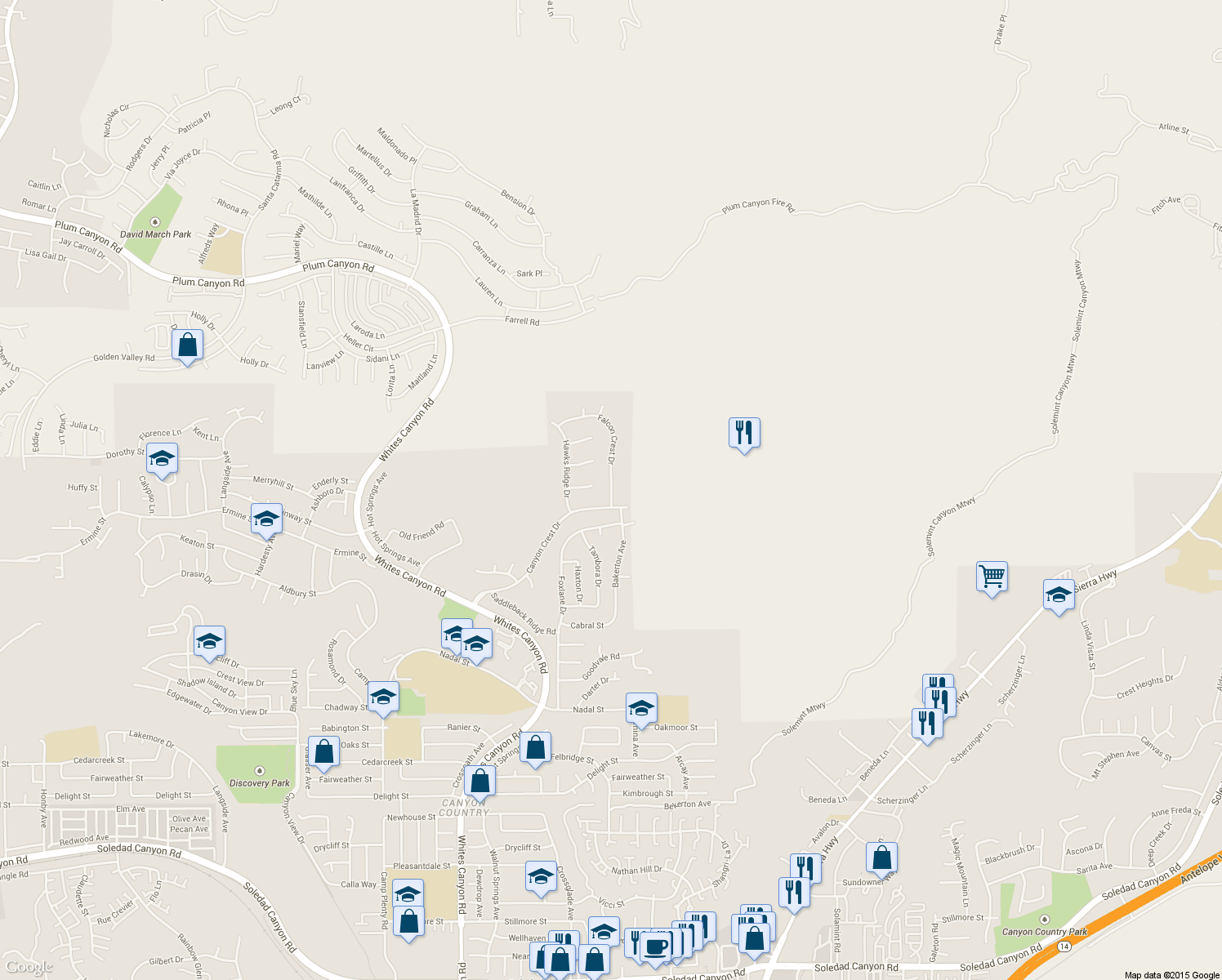 map of restaurants, bars, coffee shops, grocery stores, and more near 28329 Falcon Crest Drive in Santa Clarita