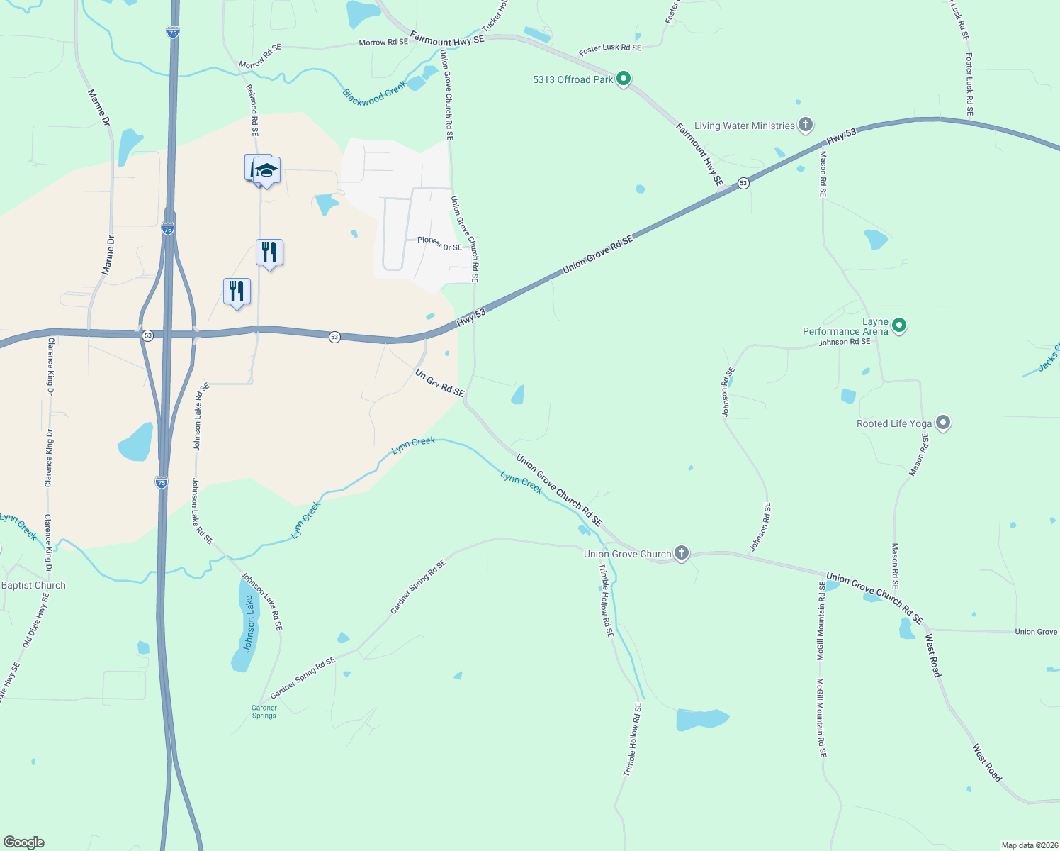 map of restaurants, bars, coffee shops, grocery stores, and more near 900 Union Grove Church Road Southeast in Adairsville