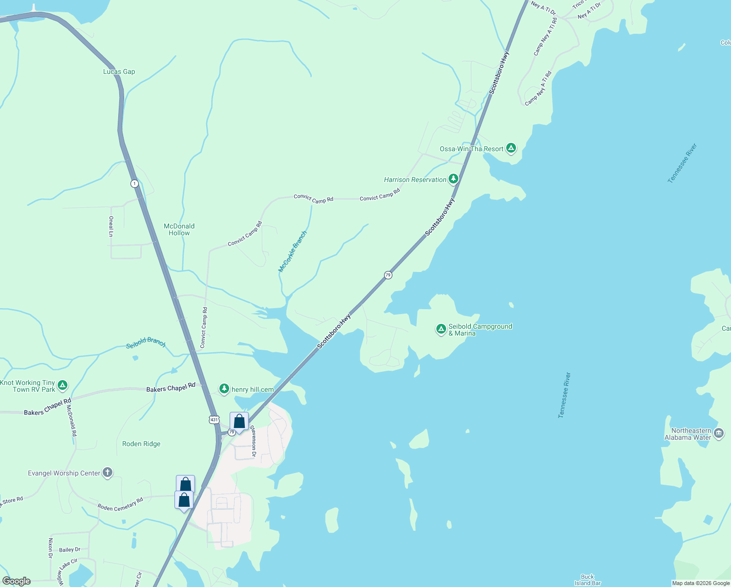 map of restaurants, bars, coffee shops, grocery stores, and more near 1613 Scottsboro Highway in Guntersville