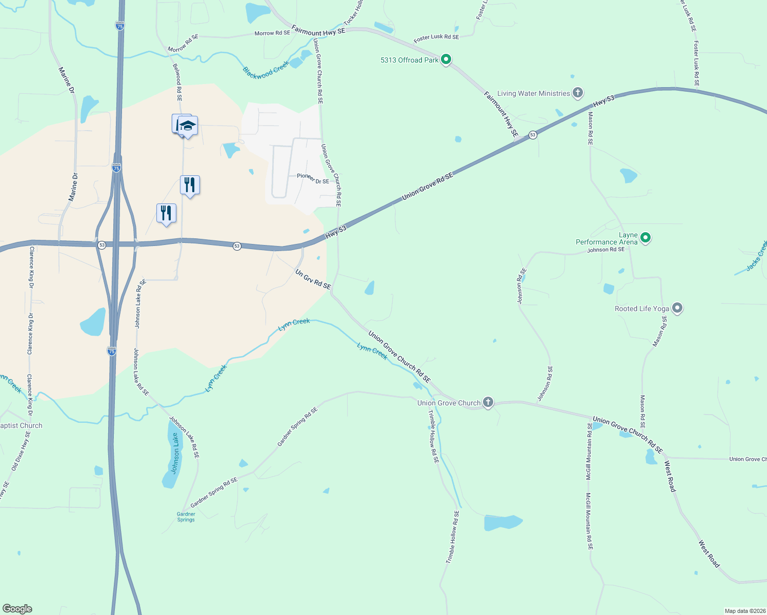 map of restaurants, bars, coffee shops, grocery stores, and more near 900 Union Grove Church Road Southeast in Adairsville