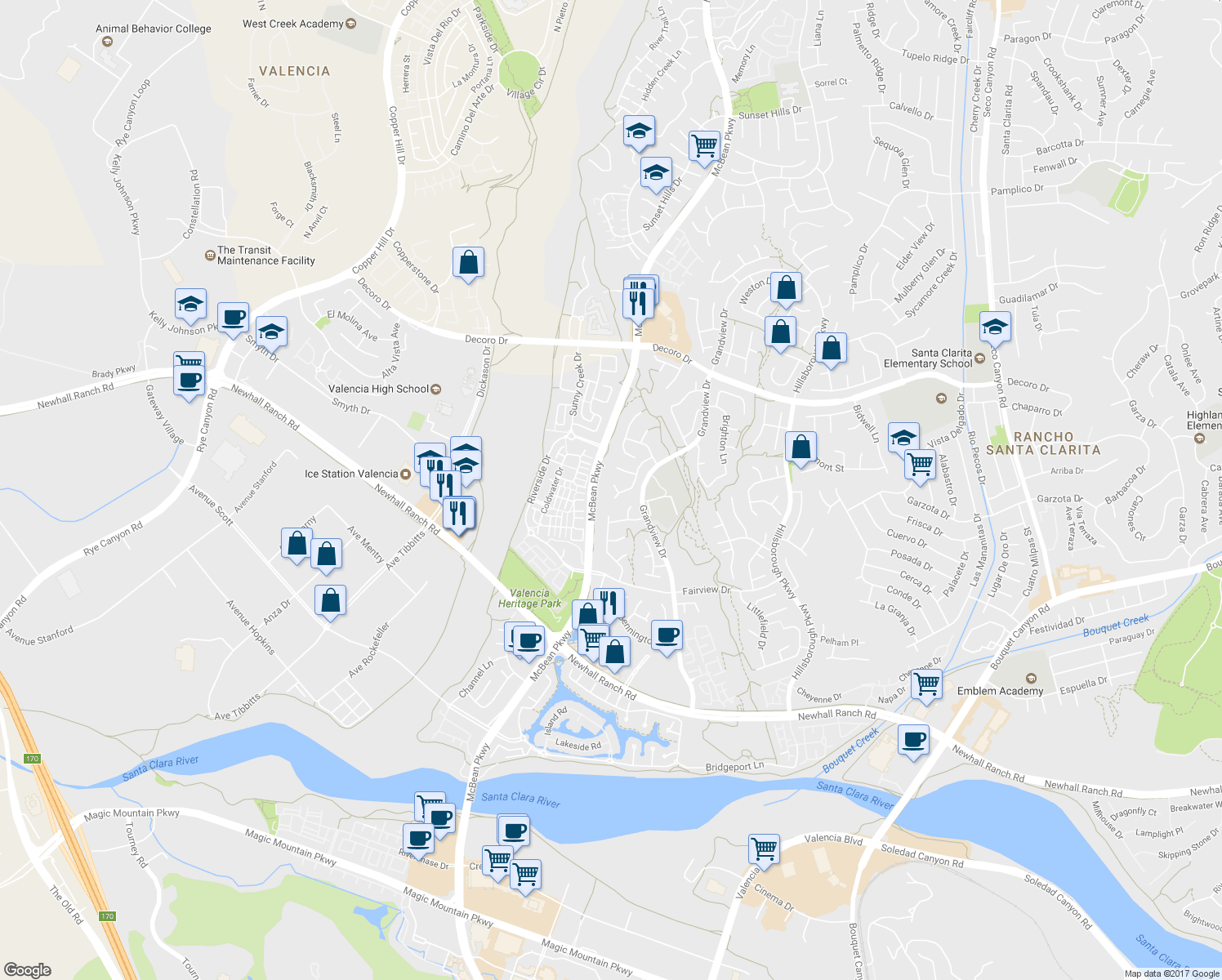 map of restaurants, bars, coffee shops, grocery stores, and more near 23908 Gilford Place in Santa Clarita