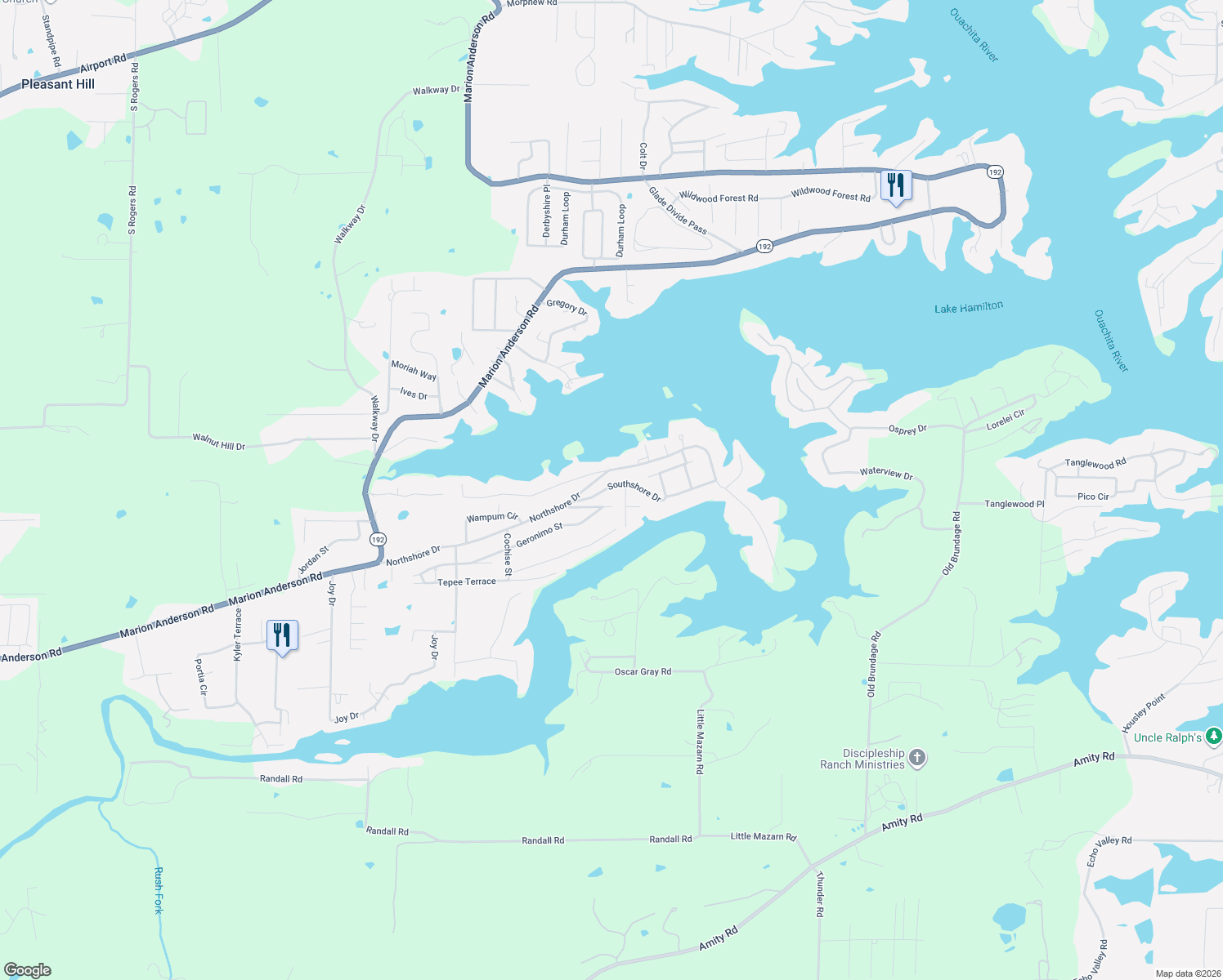map of restaurants, bars, coffee shops, grocery stores, and more near 125 Southshore Drive in Garland County