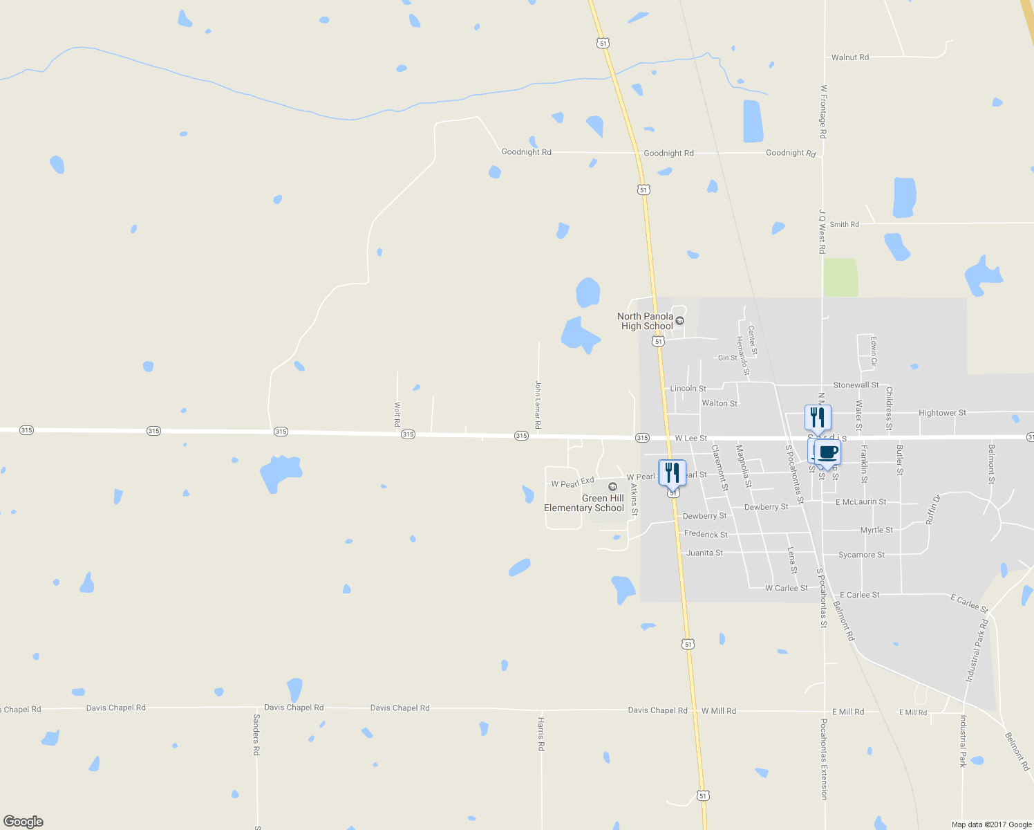 map of restaurants, bars, coffee shops, grocery stores, and more near 18705 Mississippi 315 in Sardis