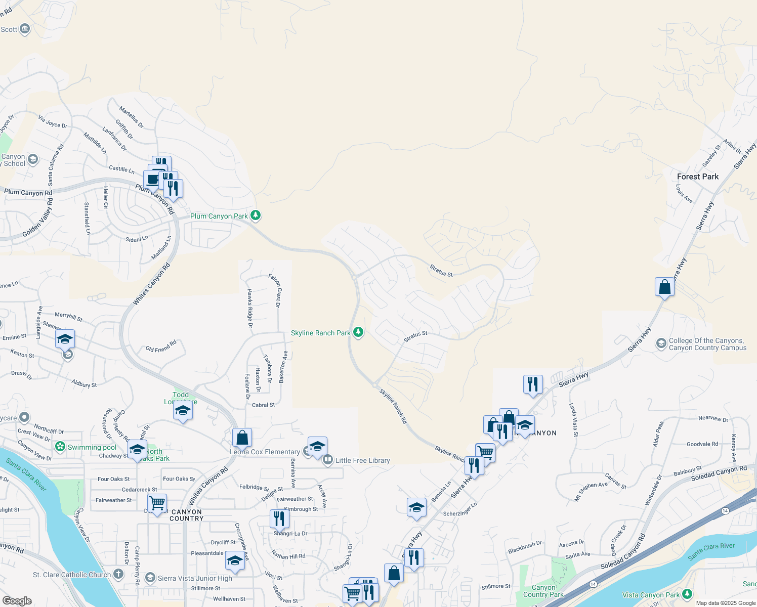 map of restaurants, bars, coffee shops, grocery stores, and more near 18215 Astro Court in Santa Clarita