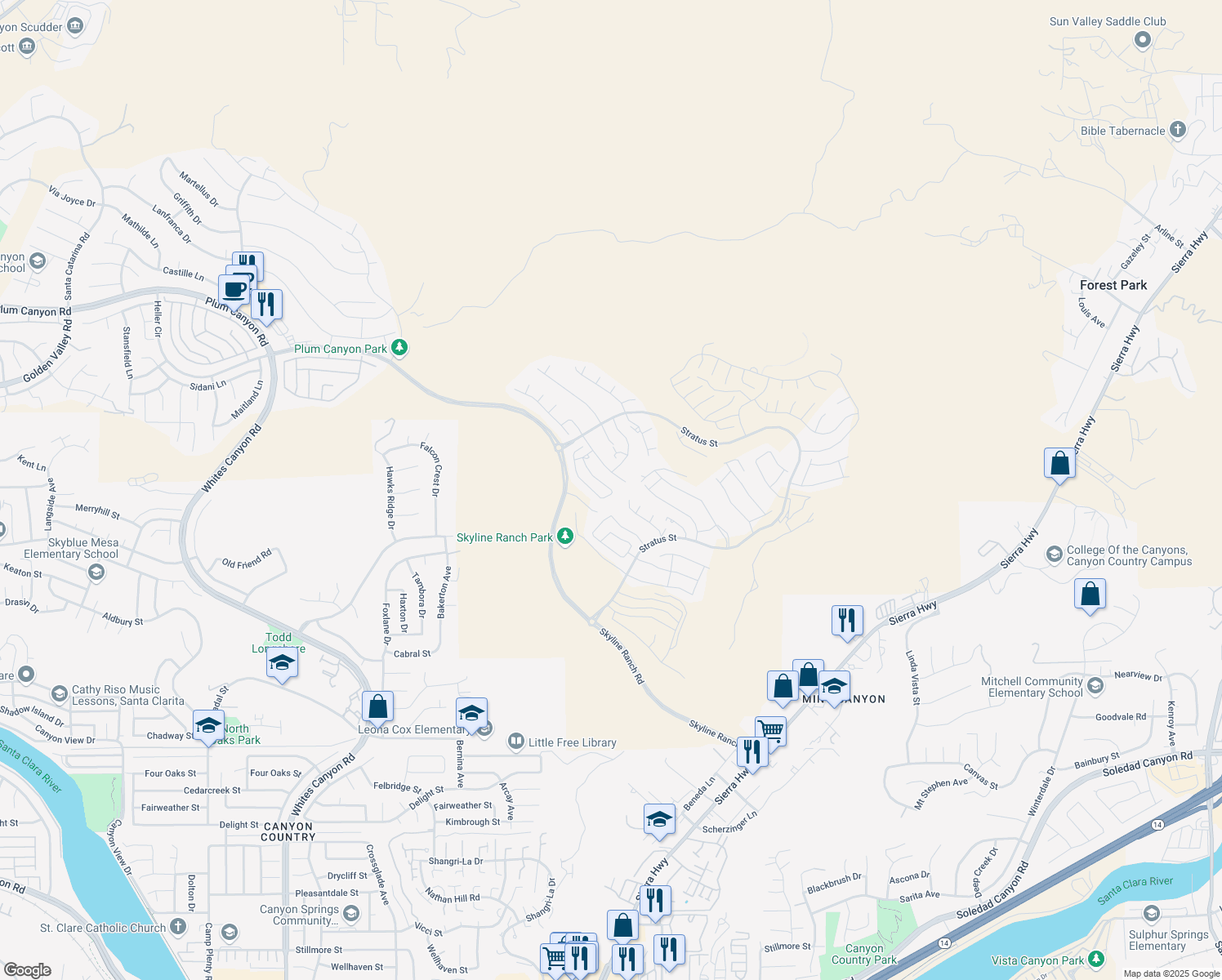 map of restaurants, bars, coffee shops, grocery stores, and more near 18229 Brightstar Place in Santa Clarita