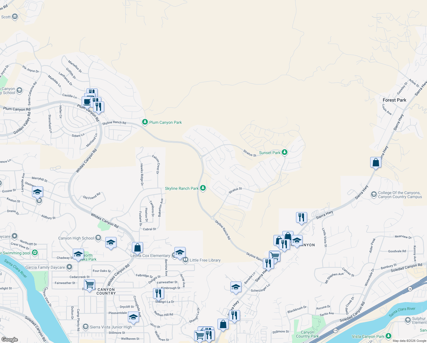map of restaurants, bars, coffee shops, grocery stores, and more near 18215 Astro Court in Santa Clarita