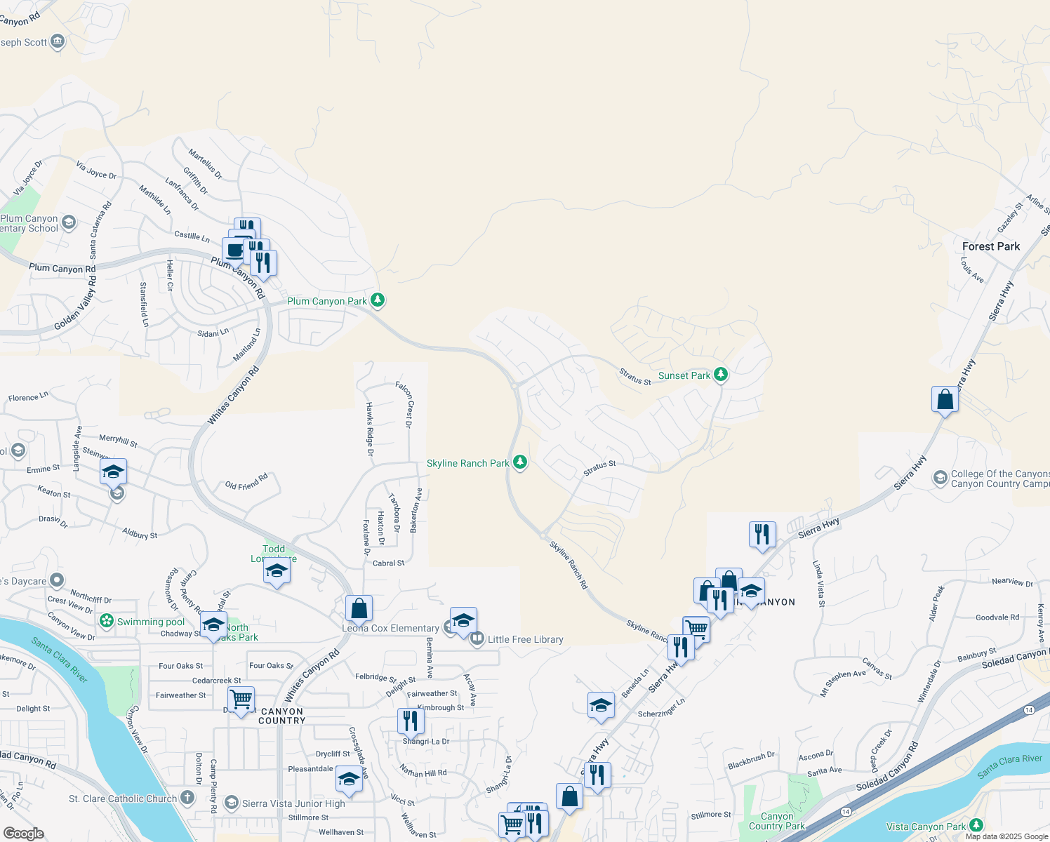 map of restaurants, bars, coffee shops, grocery stores, and more near in Santa Clarita