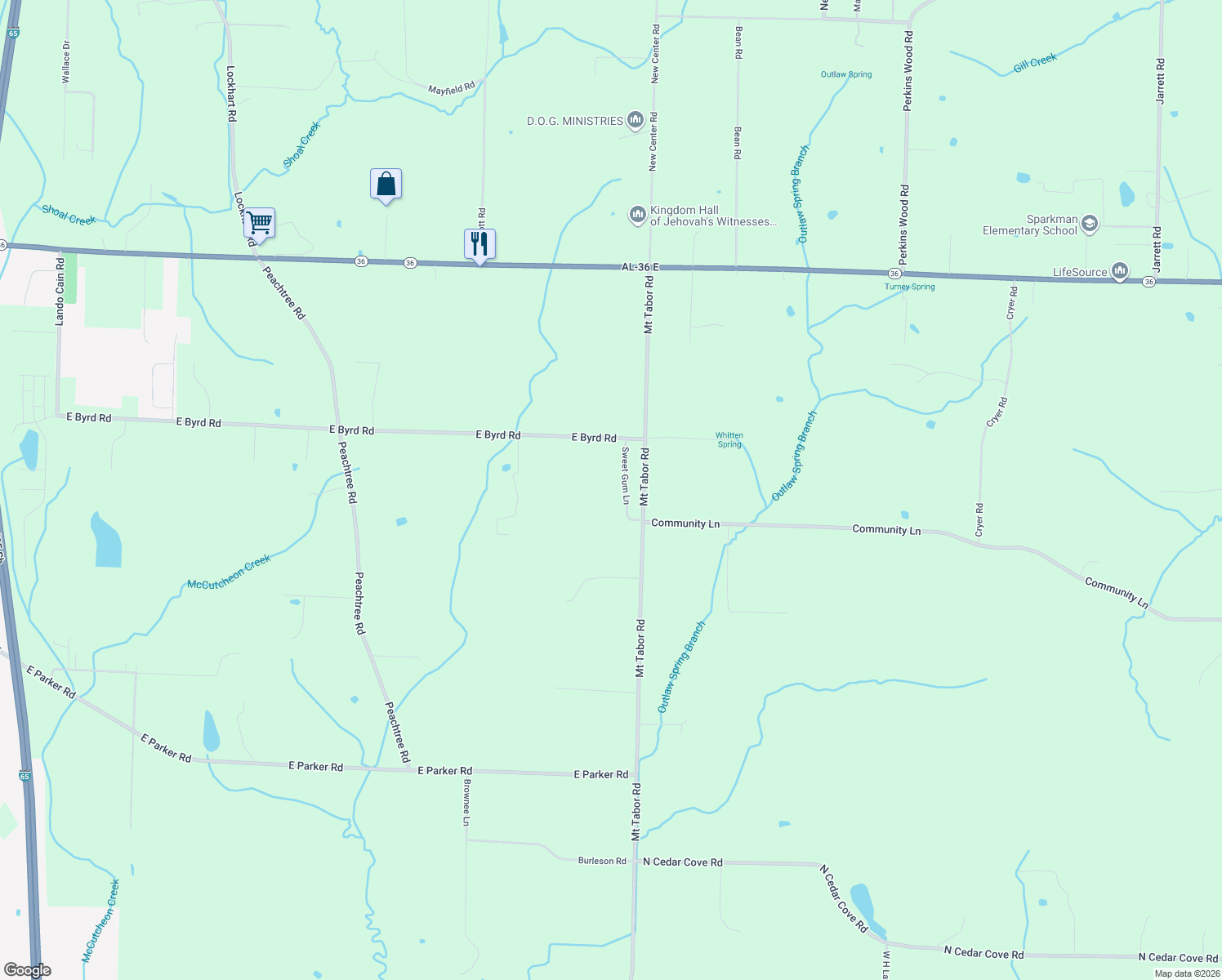 map of restaurants, bars, coffee shops, grocery stores, and more near 135 Sweet Gum Ln in Hartselle