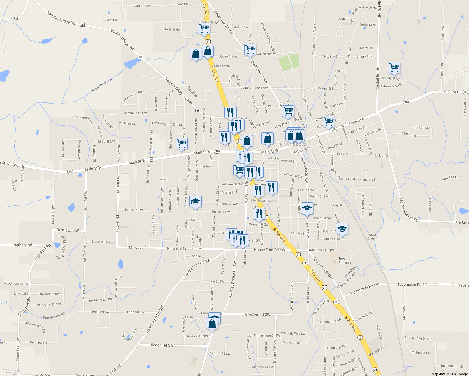 map of restaurants, bars, coffee shops, grocery stores, and more near 743 Martin Street Southwest in Hartselle