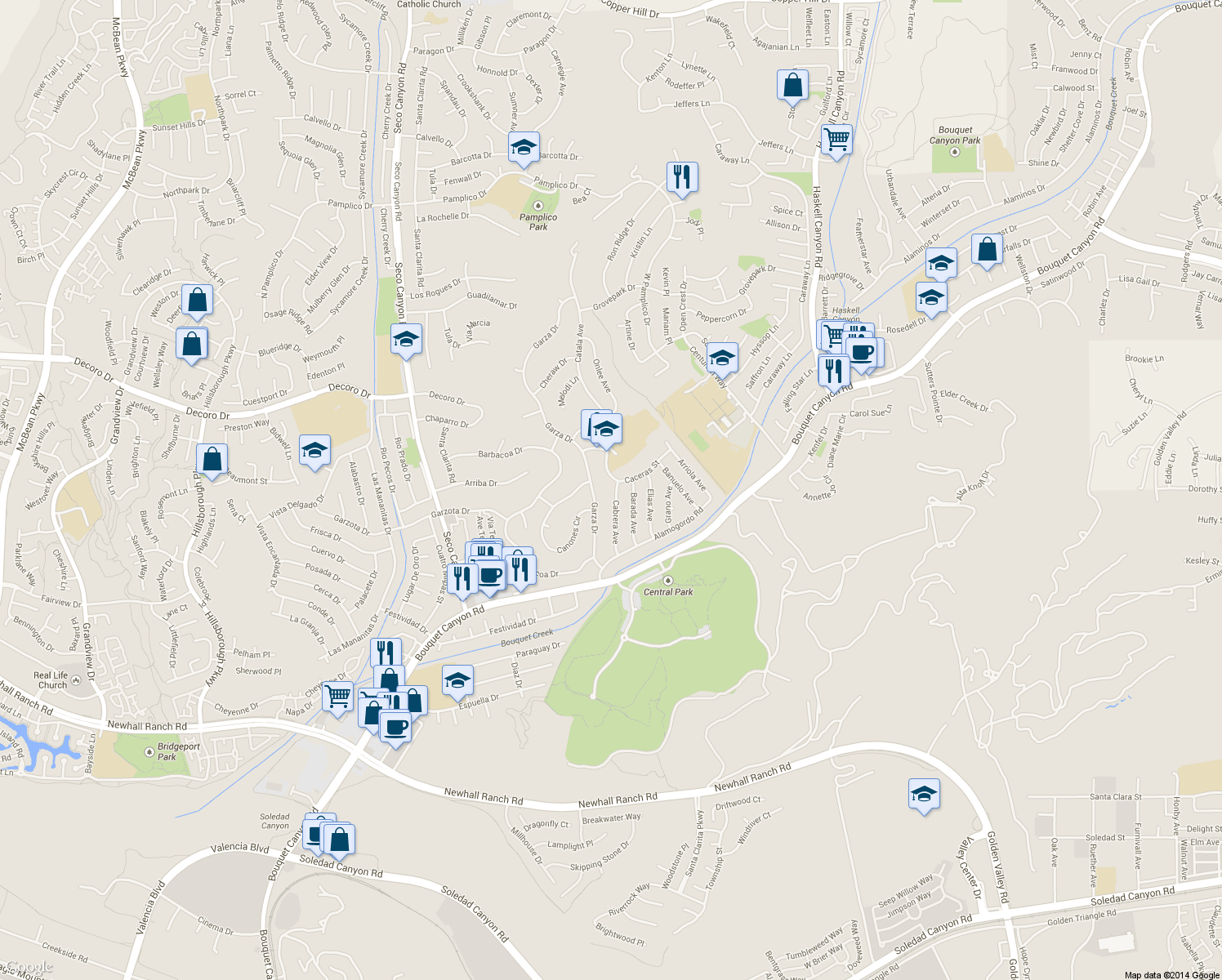 map of restaurants, bars, coffee shops, grocery stores, and more near 27243 Cabrera Avenue in Santa Clarita