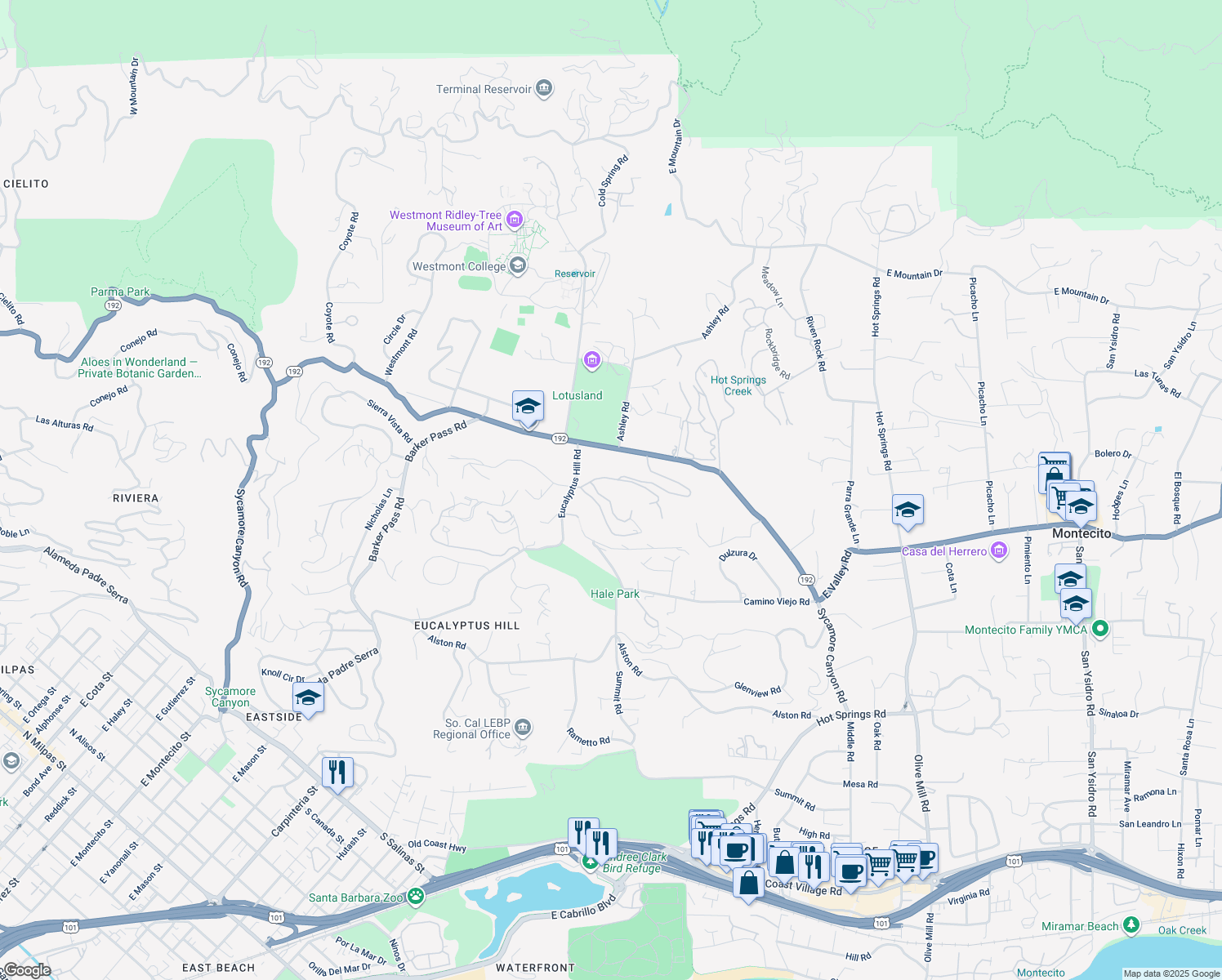 map of restaurants, bars, coffee shops, grocery stores, and more near 722 Knapp Drive in Montecito