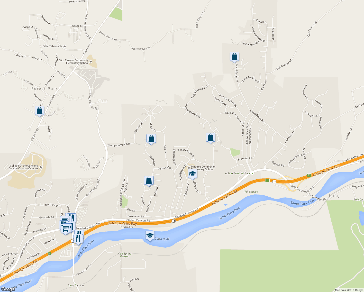 map of restaurants, bars, coffee shops, grocery stores, and more near 29315 Melia Way Drive in Santa Clarita