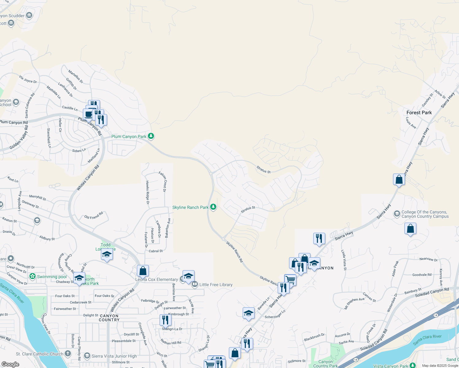 map of restaurants, bars, coffee shops, grocery stores, and more near 18140 Luna Way in Santa Clarita