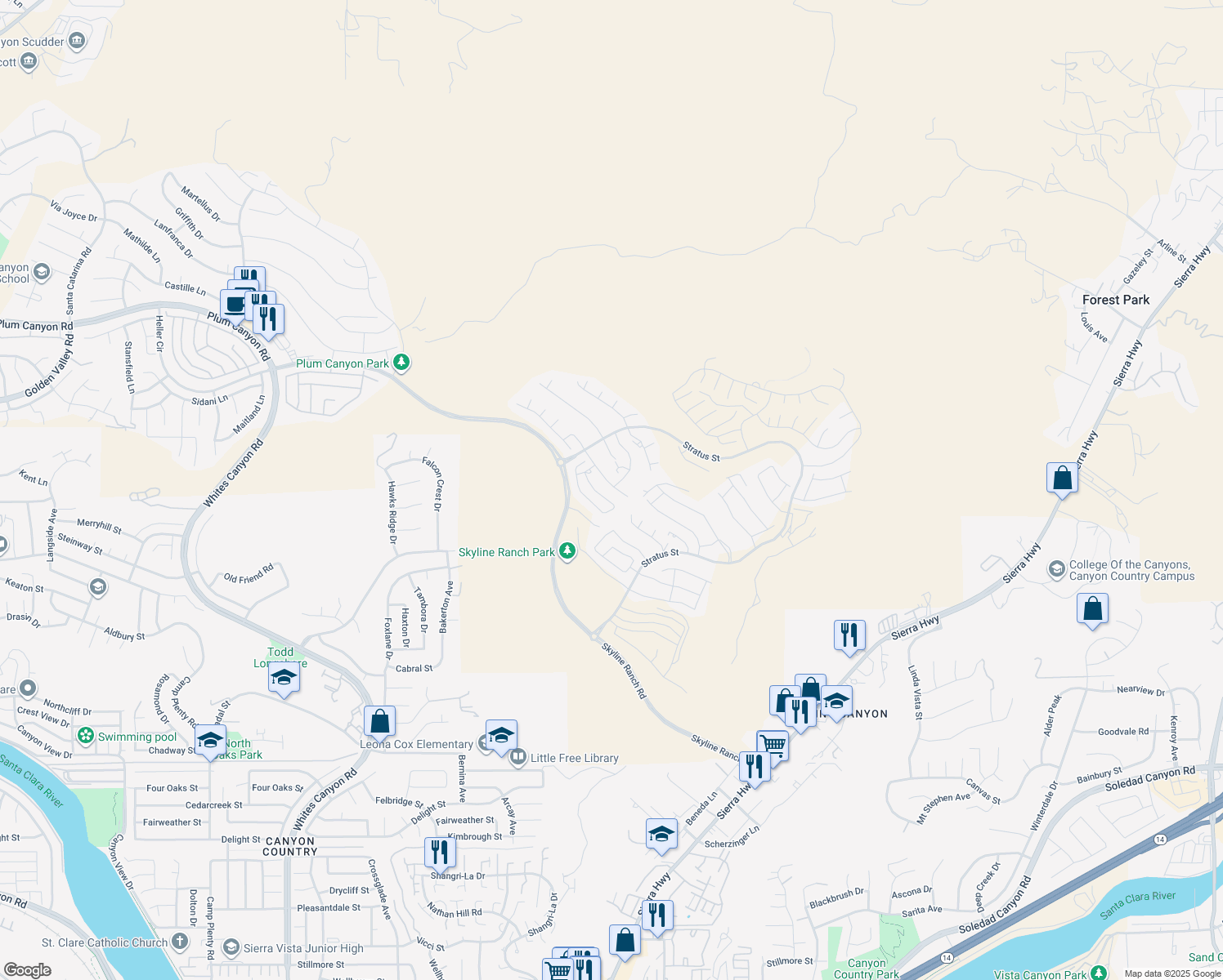 map of restaurants, bars, coffee shops, grocery stores, and more near 18140 Luna Way in Santa Clarita
