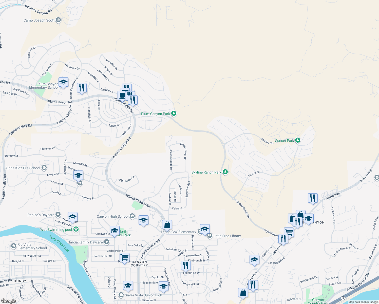 map of restaurants, bars, coffee shops, grocery stores, and more near 28430 Falcon Crest Drive in Santa Clarita
