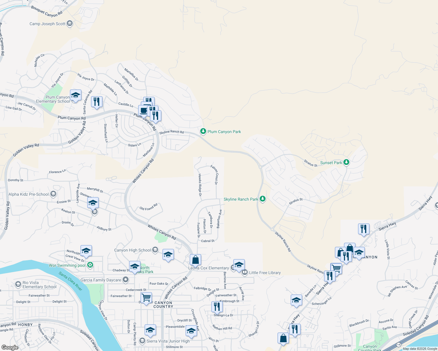 map of restaurants, bars, coffee shops, grocery stores, and more near 28430 Falcon Crest Drive in Santa Clarita