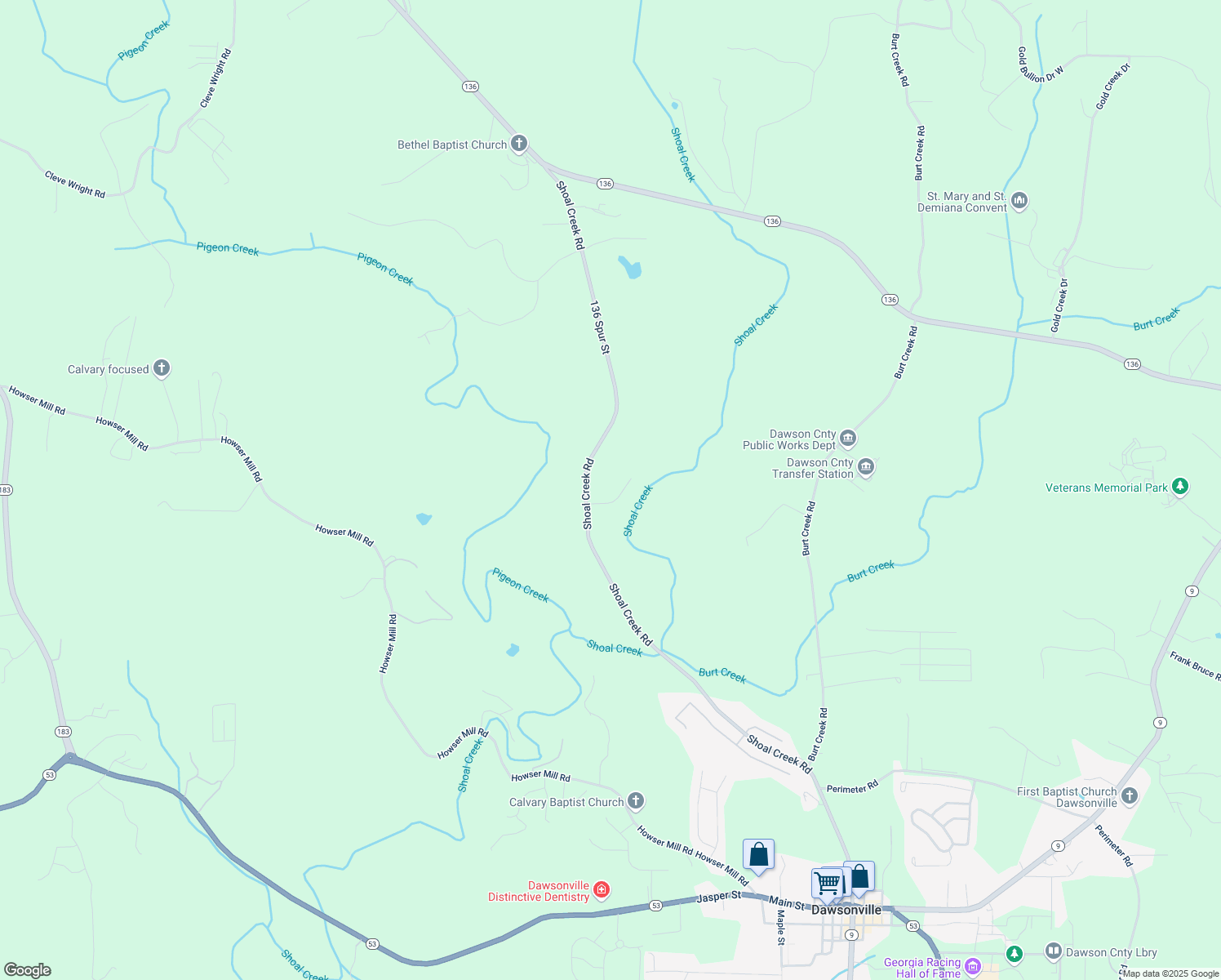 map of restaurants, bars, coffee shops, grocery stores, and more near 91 Trout Shoals Road in Dawsonville