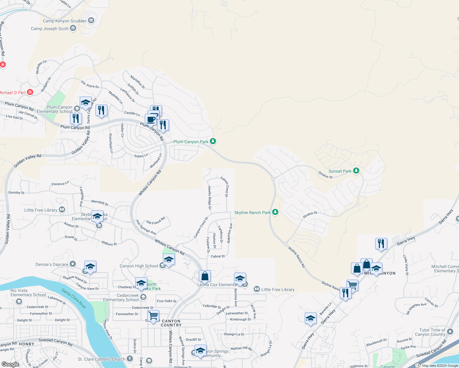 map of restaurants, bars, coffee shops, grocery stores, and more near 28442 Falcon Crest Drive in Santa Clarita