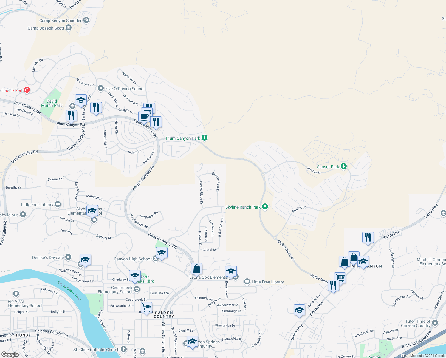 map of restaurants, bars, coffee shops, grocery stores, and more near 28442 Falcon Crest Drive in Santa Clarita