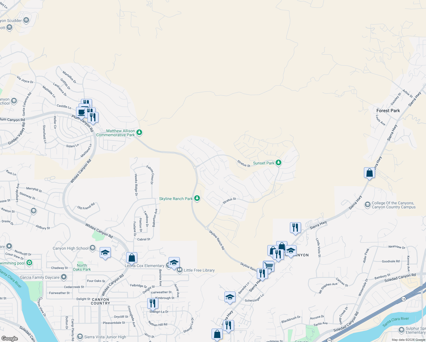 map of restaurants, bars, coffee shops, grocery stores, and more near 18108 Esker Lane in Santa Clarita