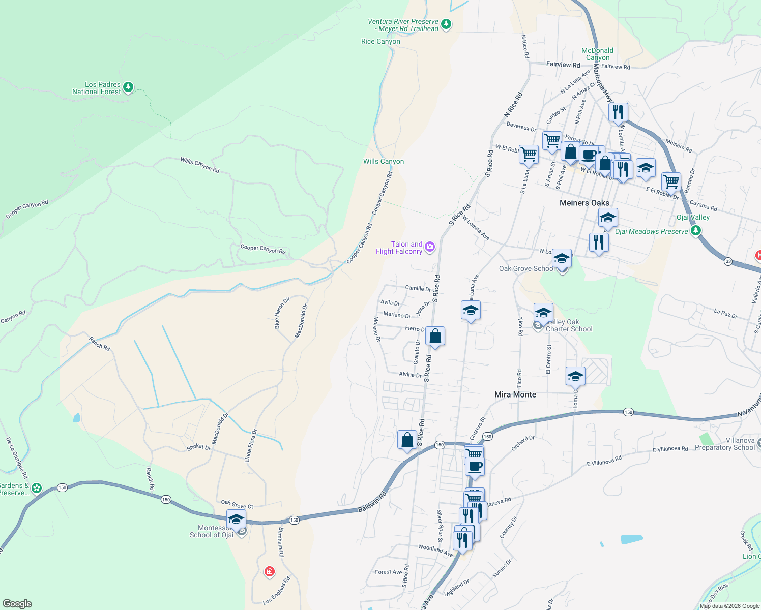 map of restaurants, bars, coffee shops, grocery stores, and more near 1292 Avila Drive in Ojai