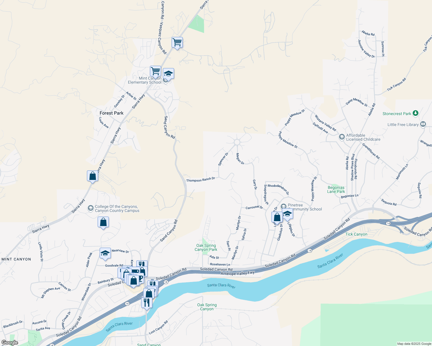 map of restaurants, bars, coffee shops, grocery stores, and more near 15908 Austin Court in Santa Clarita