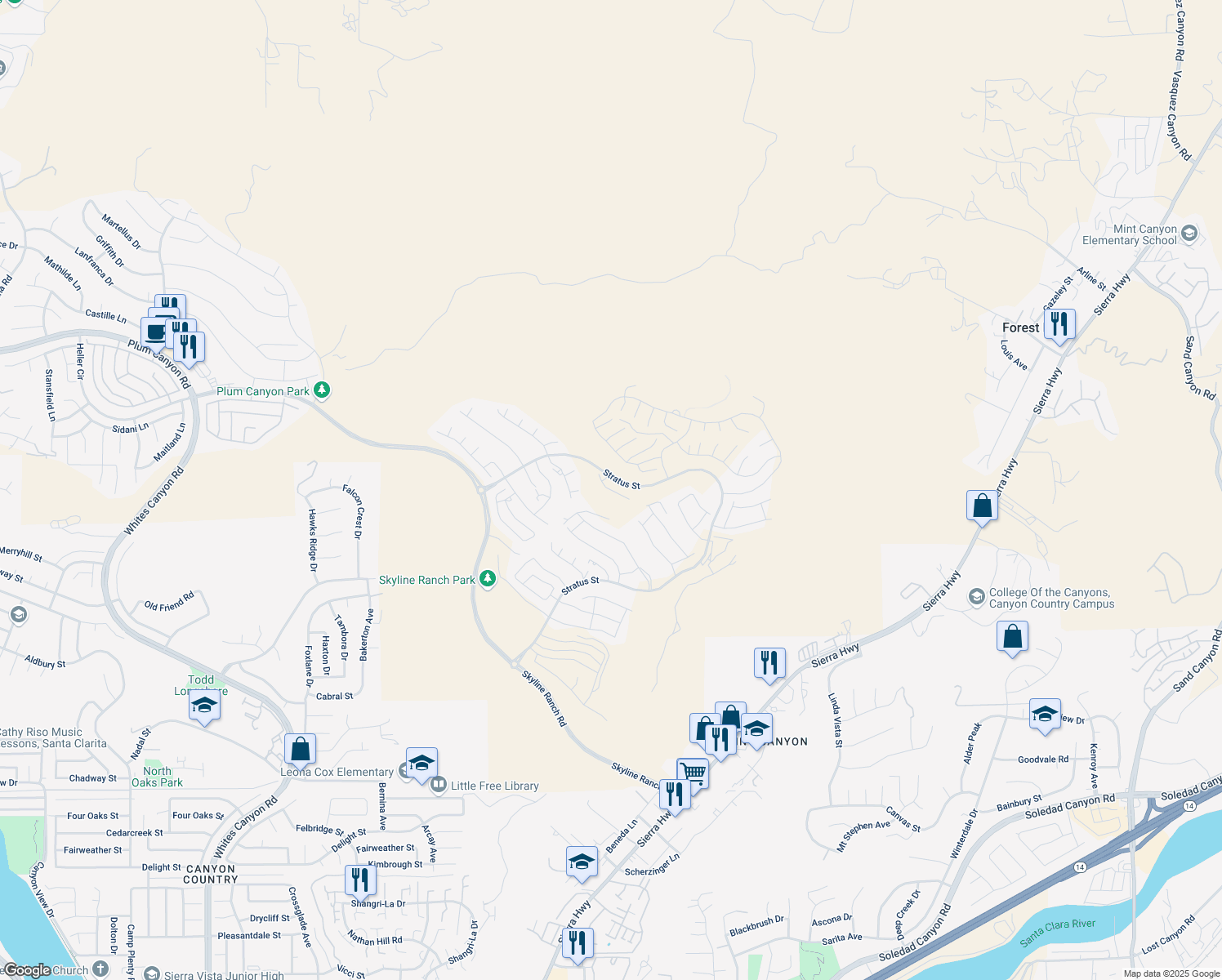 map of restaurants, bars, coffee shops, grocery stores, and more near Spire Court in Santa Clarita