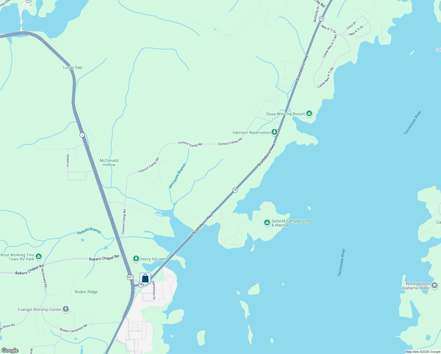map of restaurants, bars, coffee shops, grocery stores, and more near 1613 Scottsboro Highway in Guntersville