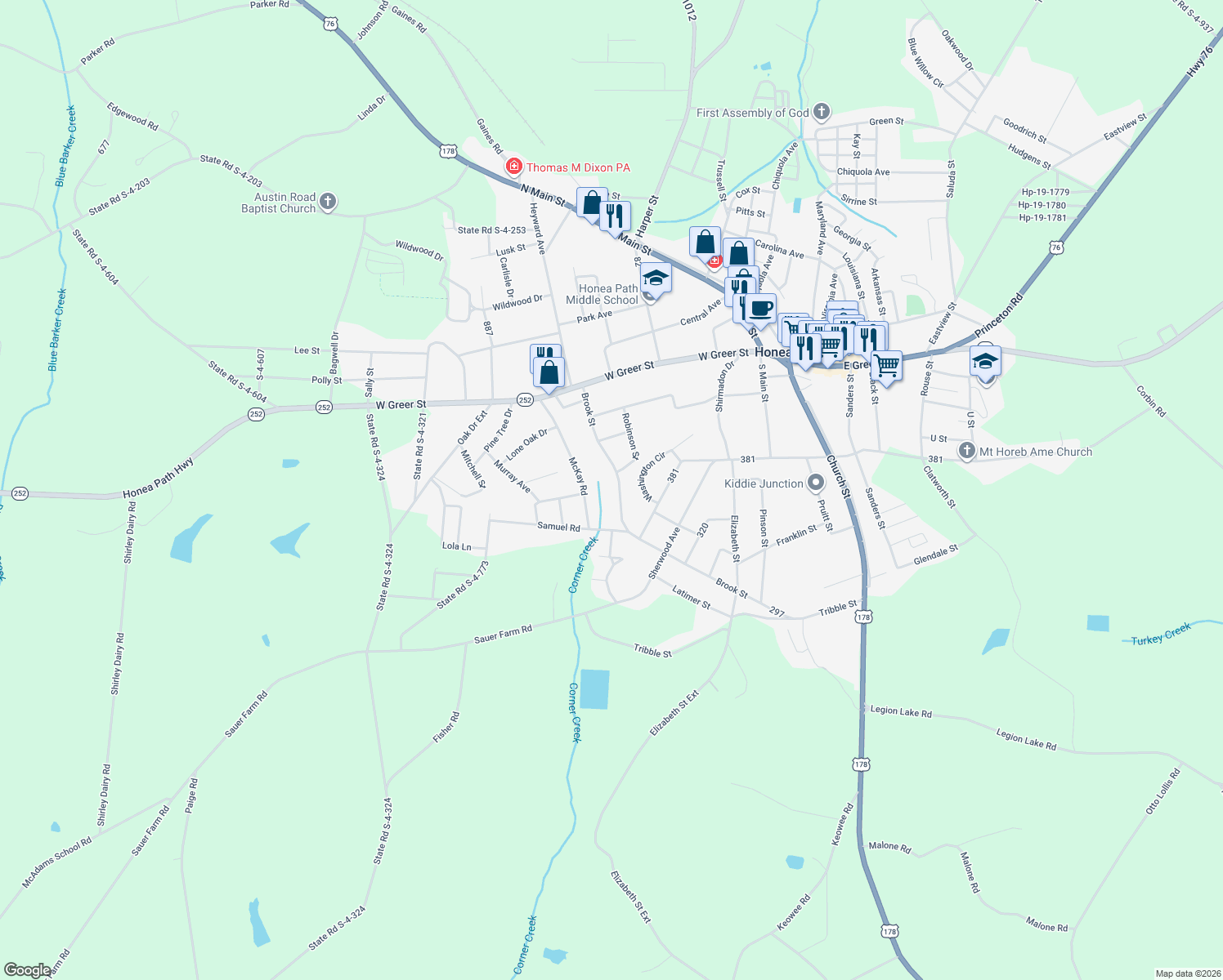 map of restaurants, bars, coffee shops, grocery stores, and more near 208 Brook St in Honea Path