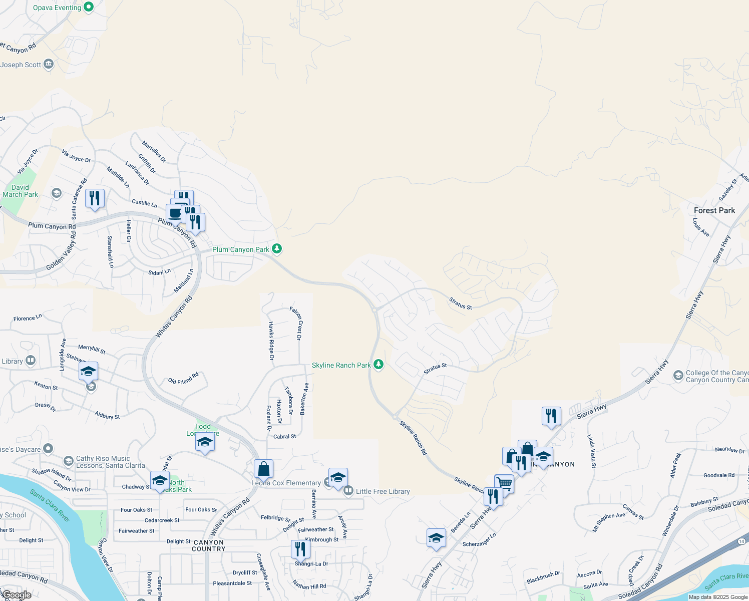 map of restaurants, bars, coffee shops, grocery stores, and more near 18316 Cachet Way in Los Angeles County