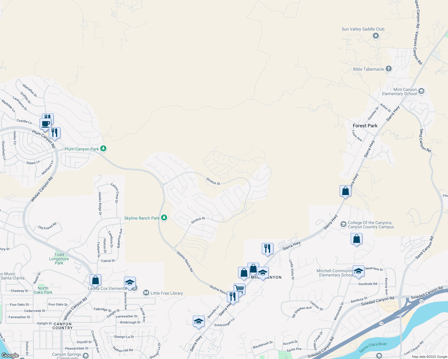 map of restaurants, bars, coffee shops, grocery stores, and more near 17908 Trek Court in Santa Clarita
