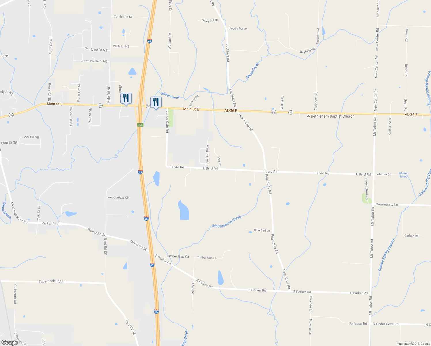 map of restaurants, bars, coffee shops, grocery stores, and more near 229 East Byrd Road in Hartselle