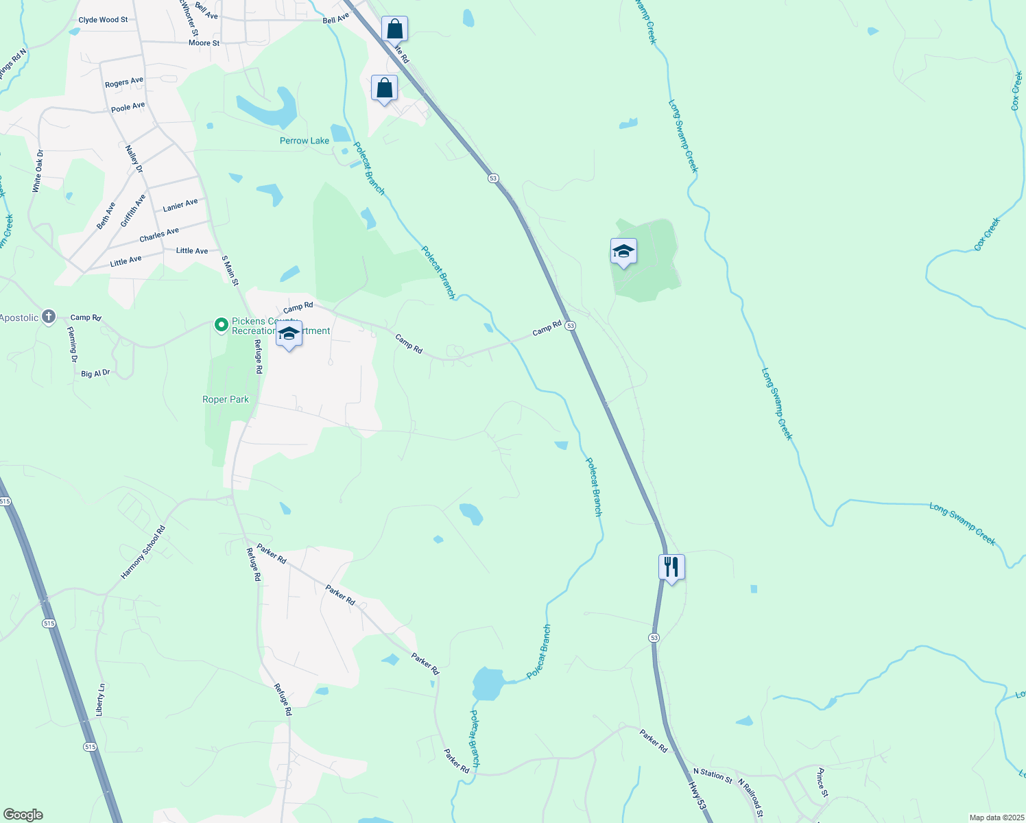 map of restaurants, bars, coffee shops, grocery stores, and more near 1010 Turner Road in Jasper