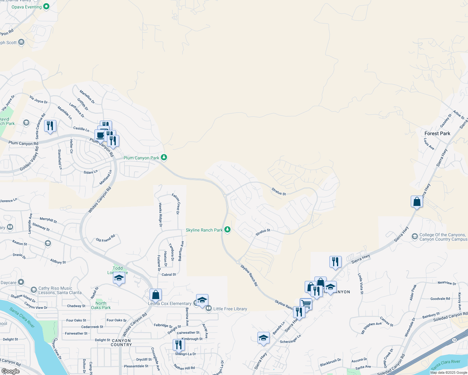 map of restaurants, bars, coffee shops, grocery stores, and more near 18259 Arial Way in Santa Clarita
